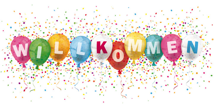 Willkommen Banner mit Luftballons und Konfetti