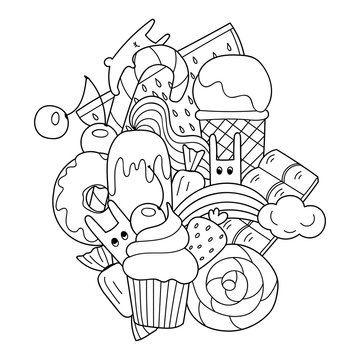 Vector doodle illustration. Sweets in cartoon style with ice cream, cupcake and cute rabbits. Food pattern for coloring book or design.
