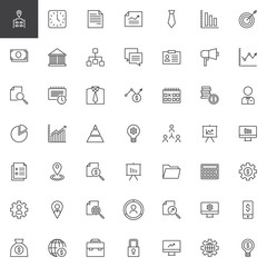 Business outline icons set. linear style symbols collection, line signs pack. vector graphics. Set includes icons as Clock, Contract, Planning, Tie, Money, Bank, Diagram, Analysis Deadline Chart