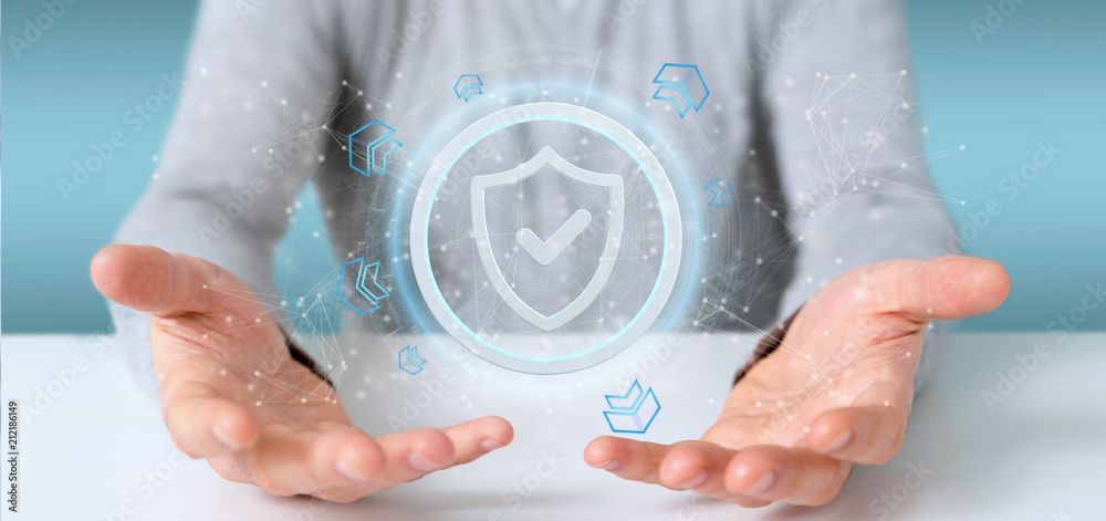Poster man holding a shield web security concept 3d rendering