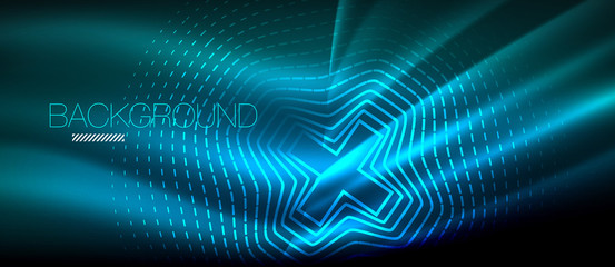 Neon glowing wave, magic energy and light motion background. Wallpaper template, hi-tech future concept