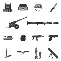 military armory and equipment gray color flat stlye icon set vector illustration 