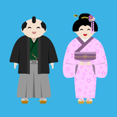 flat style cartoon character smiling japanese man and woman in tradition costume on blue background vector 