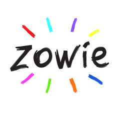 Zowie - emotional handwritten quote, American slang, urban dictionary. Print for poster, t-shirt, bag, logo,  postcard, flyer, sticker, sweatshirt, cup, badge. Simple funny original vector