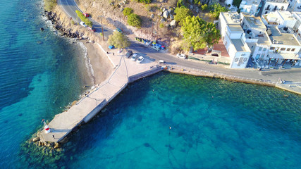 Aerial birds eye view photo taken by drone of picturesque port of Patmos island called Skala, Dodecanese, Greece