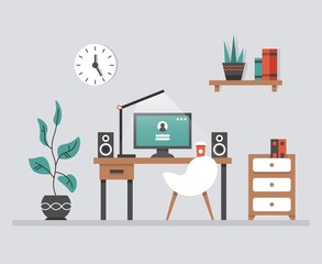 Modern office interior. Vector illustration. Business concept of work place with computer, chair, lamp, shelf, books, clock, plants and cup of coffee