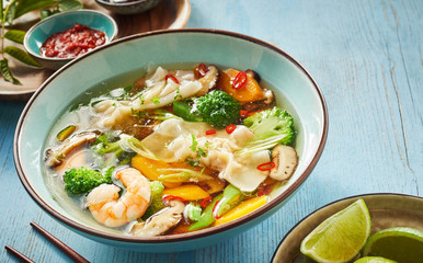 Wonton soup with dumplings and shrimp