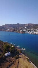 Aerial birds eye view photo taken by drone of picturesque port of Patmos island called Skala, Dodecanese, Greece