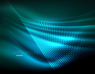 Smooth light effect, straight lines on glowing shiny neon dark background. Energy technology idea