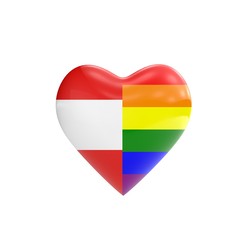 Austria flag and gay LGBT rainbow flag heart shape. Gay rights concept. 3D Rendering