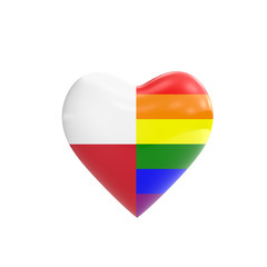 Poland flag and gay LGBT rainbow flag heart shape. Gay rights concept. 3D Rendering