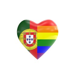 Obraz premium Portugal flag and gay LGBT rainbow flag heart shape. Gay rights concept. 3D Rendering