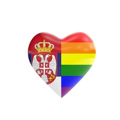 Obraz premium Serbia flag and gay LGBT rainbow flag heart shape. Gay rights concept. 3D Rendering