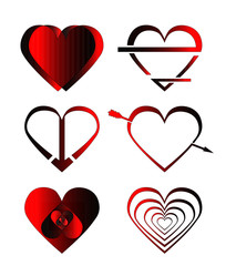 a set of six hearts of different shapes