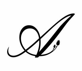 Black letter A with tulip flower isolated on white background