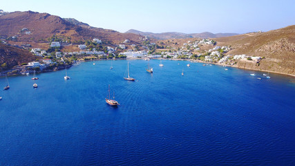 Fototapeta premium Aerial birds eye view photo taken by drone of Groikos one of the most beautiful natural bays in the world, Patmos island, Dodecanese, Greece