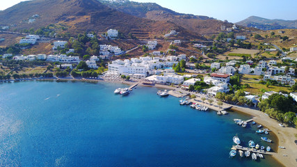 Naklejka premium Aerial birds eye view photo taken by drone of Groikos one of the most beautiful natural bays in the world, Patmos island, Dodecanese, Greece