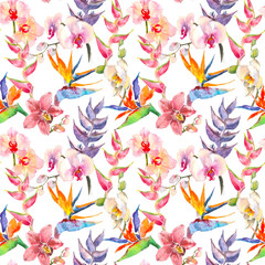 Trendy simple floral pattern. Flowers of calathea, strelitzia, orchids. Tropical jungle print. Repeating background for textile, wallpaper, surface, summer decoration, posters, invitation. Tropical