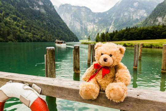 Teddy bear Dranik on Konigsee lake in Germany