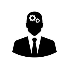 Icono plano hombre de negocios y engranajes en color negro