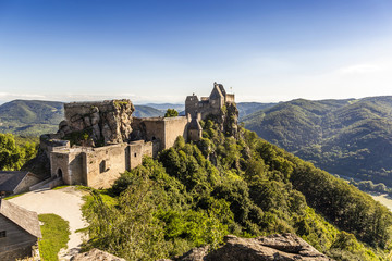 Fototapeta na wymiar View of historic Aggstein castle ruin on the Danube river. Lower Austria.