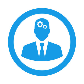 Icono plano hombre de negocios y engranajes en circulo azul