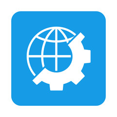 Icono plano mundo con engranaje en cuadrado azul