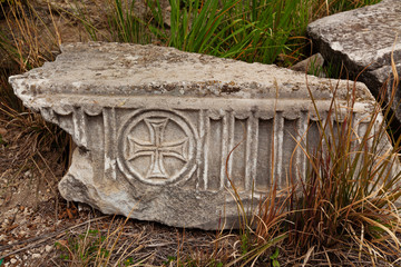 Marble plate with old christian symbols in ancient city Hierapolis