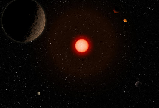 Outer space with planet and big red star