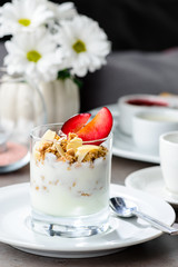 Traditional Italian dessert tiramisu with plum and nuts in a gla