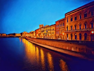 Canal and houses in Pisa, Italy. Italian travel. River Arno. Big size oil painting fine art. Modern...