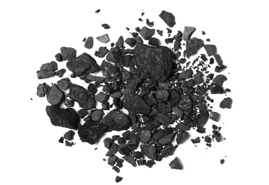 Black coal pile isolated on white background, top view