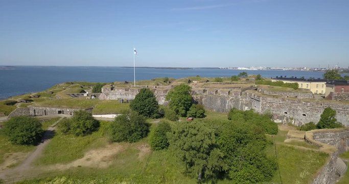 4K high quality summer morning aerial video of Helsinki Baltic Sea Finnish Bay lagoon area, sea skyline, Suomenlinna Island with forts and cannons near the capital of Finland Suomi, northern Europe