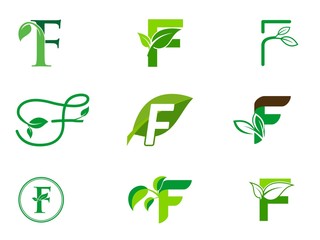leaf initials F logo set, natural green leaf symbol, initials F icon design