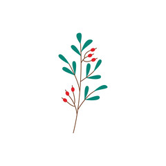 Plant branch with ripe red berries and green leaves - natural element for organic design in flat style. Vector illustration of botanical decorative object isolated on white background.