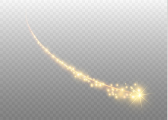 Abstract vector glowing magic star light effect from the neon blur of curved lines. Glittering stars dust trail from the side.flying comet on a transparent background - obrazy, fototapety, plakaty