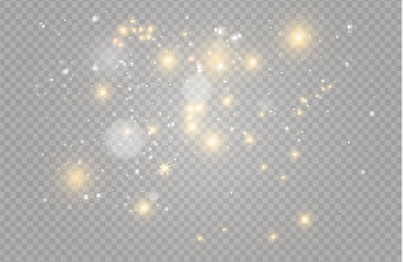 White sparks and golden stars glitter special light effect. Vector sparkles on transparent background. Christmas abstract