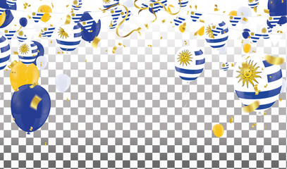 Uruguay flags and Uruguay balloons garland with confetti on white Confetti and ribbons flag ribbons, Celebration background template. victory.winner.football