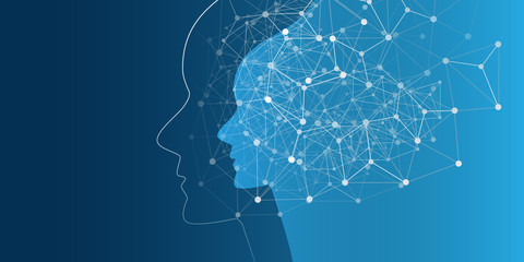 Machine Learning, Artificial Intelligence, Cloud Computing, Automated Support Assistance and Networks Design Concept with Wireframe and Human Head