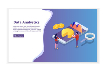 Data analysis, search engine optimization,  site position isometric concept. Landing page template. Vector illustration.