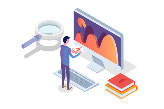 Data analysis, search engine optimization,  site position isometric concept. Vector illustration.