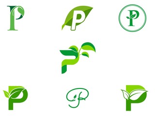 leaf initials P logo set, natural green leaf symbol, initials P icon design