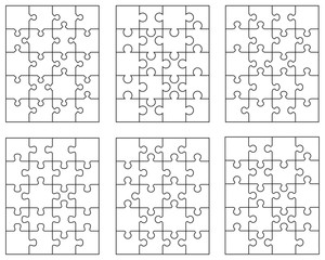 Vector illustration of six different white puzzles, separate pieces
