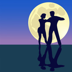 Latina dancing silhouettes in moonlight. Full supermoon. Vector illustration.
