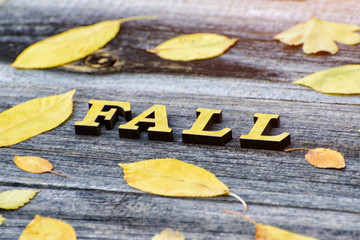 Naklejka premium Inscription Fall on a wooden background, frame of yellow leaves