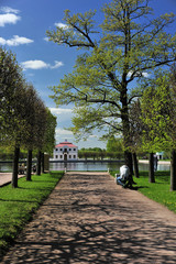  corridor of trees, at the end of the corridor an ancient building