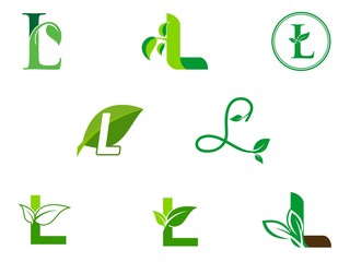 leaf initials L logo set, natural green leaf symbol, initials L icon design