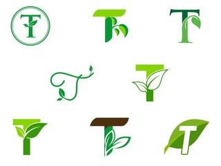 leaf initials T logo set, natural green leaf symbol, initials T icon design