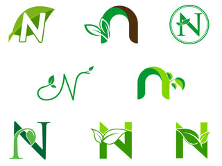 leaf initials N logo set, natural green leaf symbol, initials N icon design