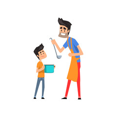 Super hero dad cooking food for his son vector Illustration on a white background